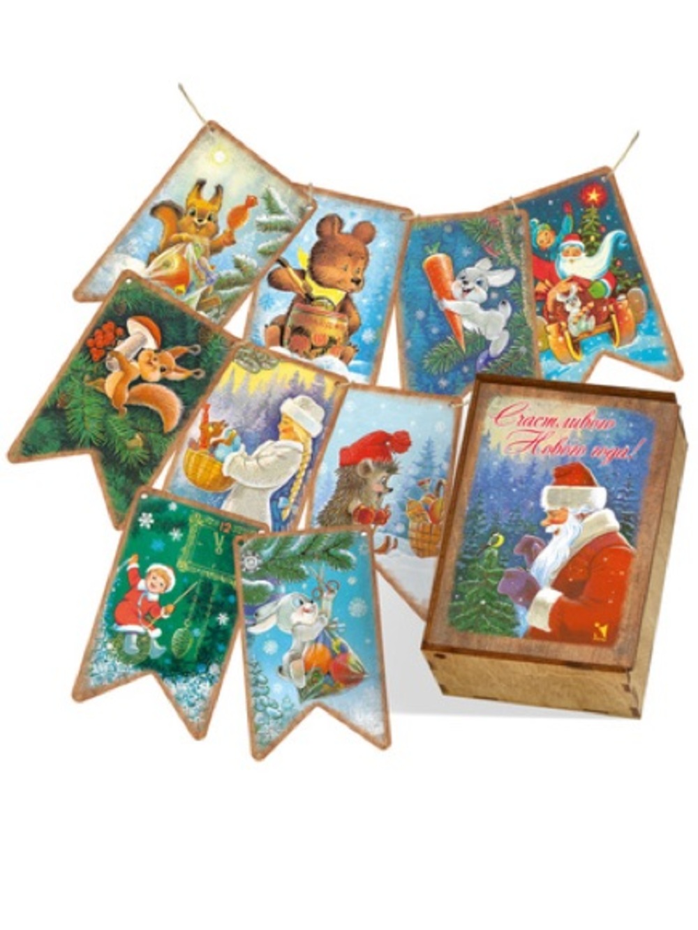 Wooden garland  Vintage Santa and Animal retro